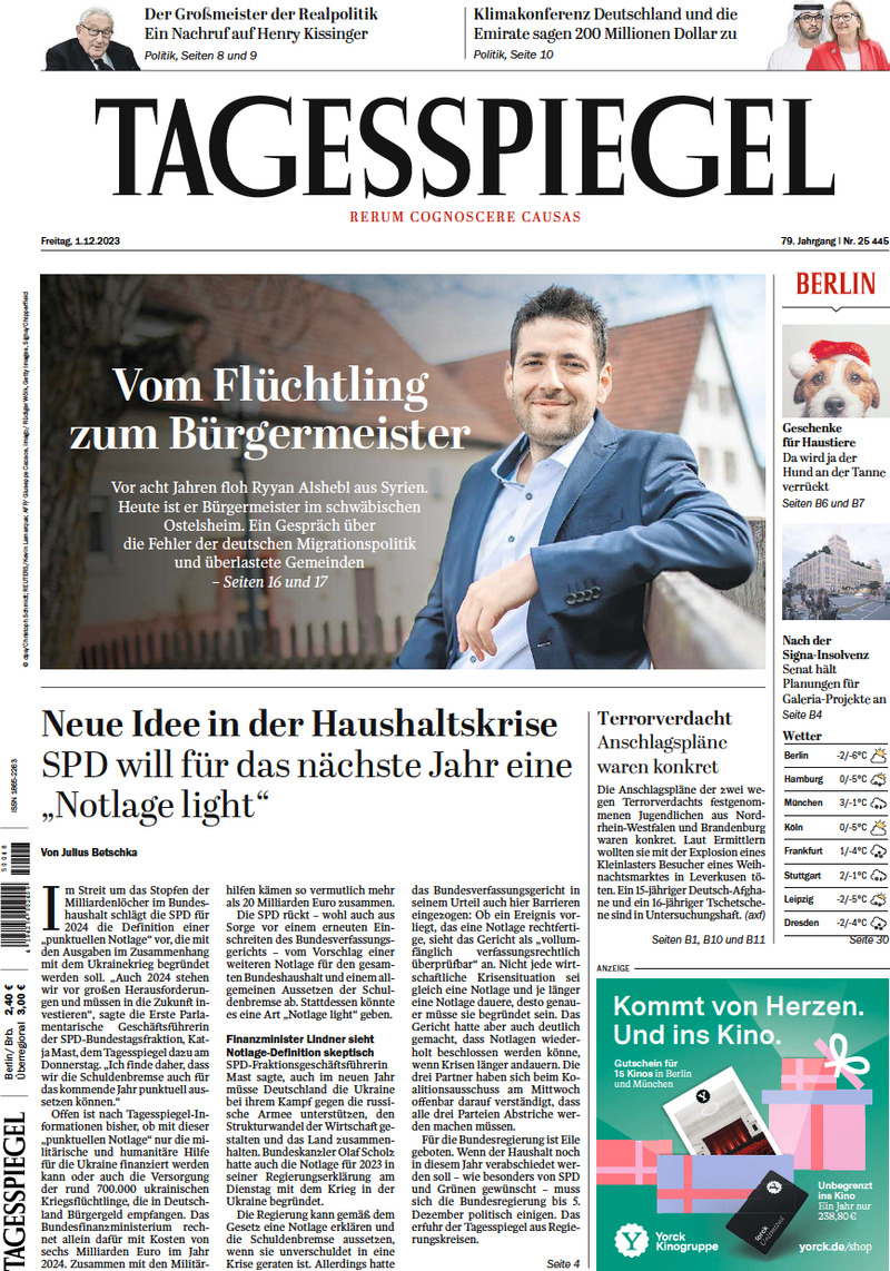 Prima Pagina Der Tagesspiegel 01/12/2023