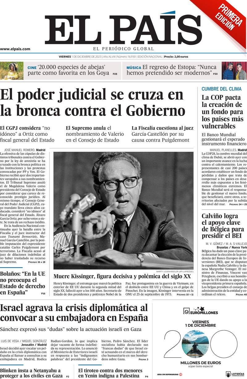 Prima Pagina El País 01/12/2023