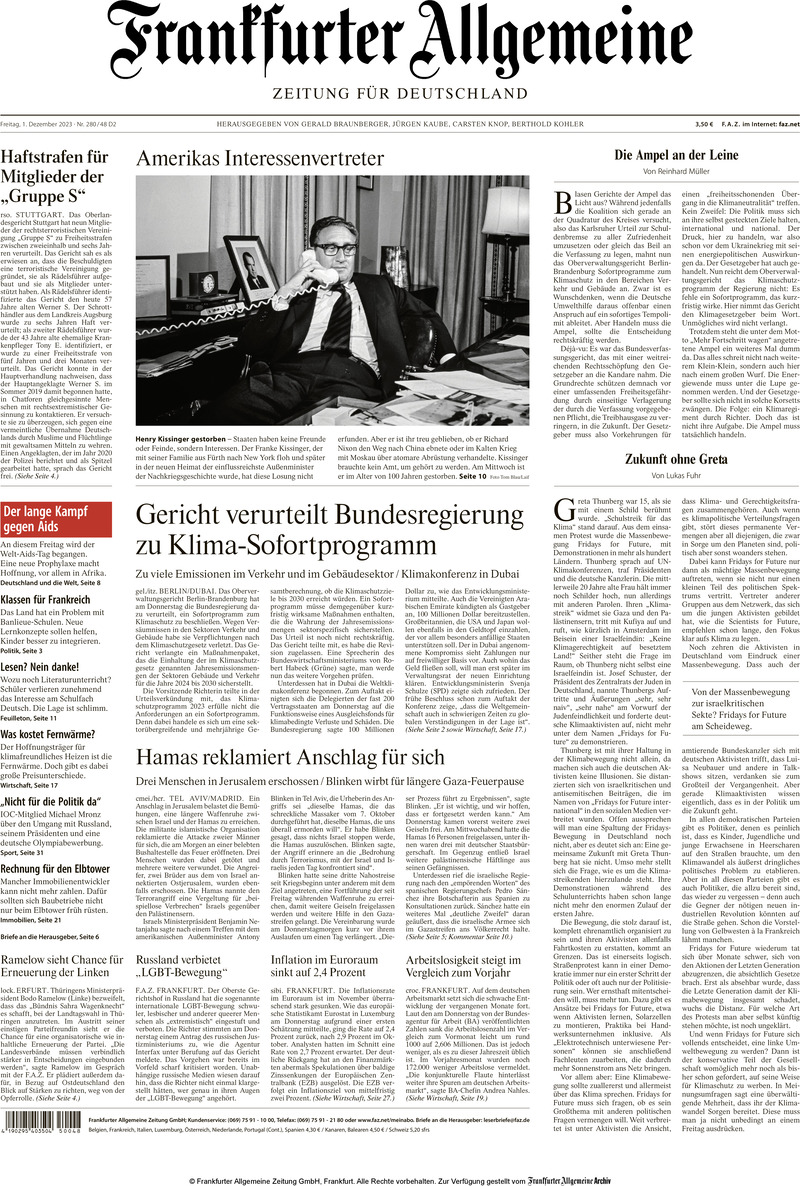 Prima Pagina Frankfurter Allgemeine Zeitung 01/12/2023