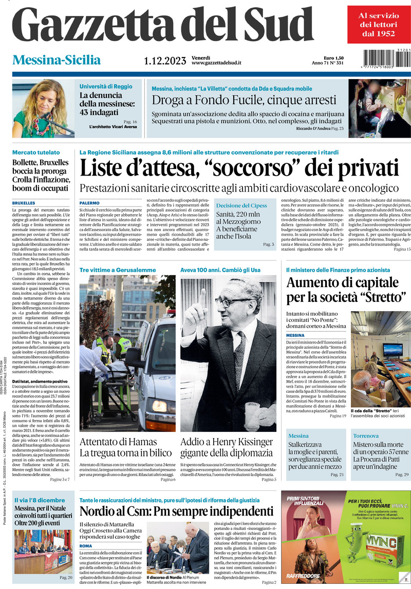 Prima Pagina Gazzetta del Sud (Messina) 01/12/2023