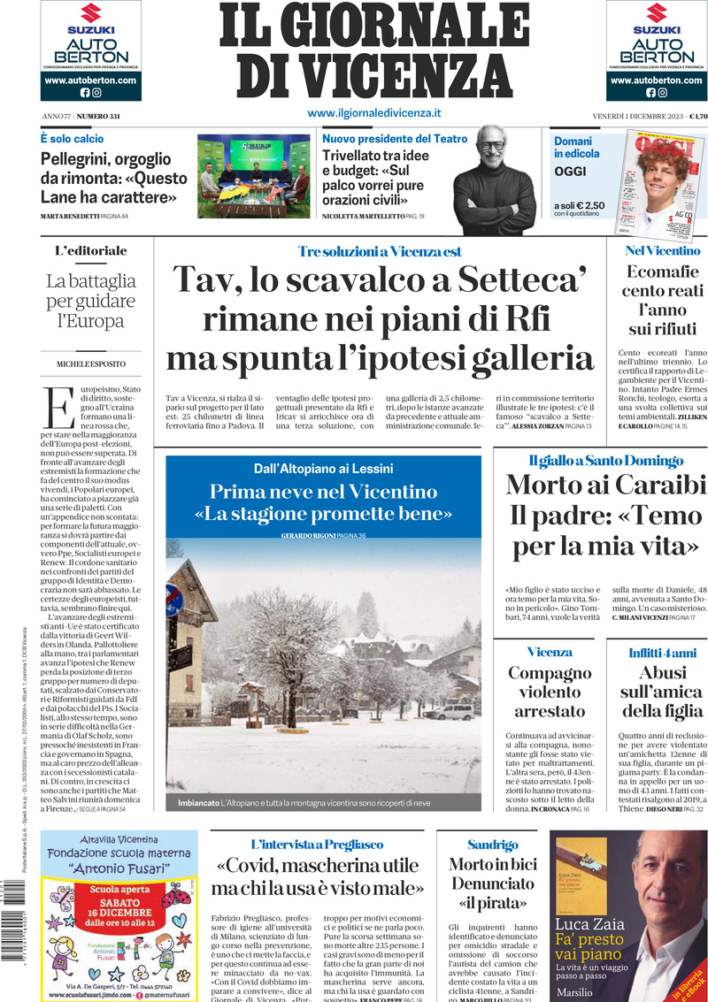 Prima Pagina Il Giornale di Vicenza 01/12/2023