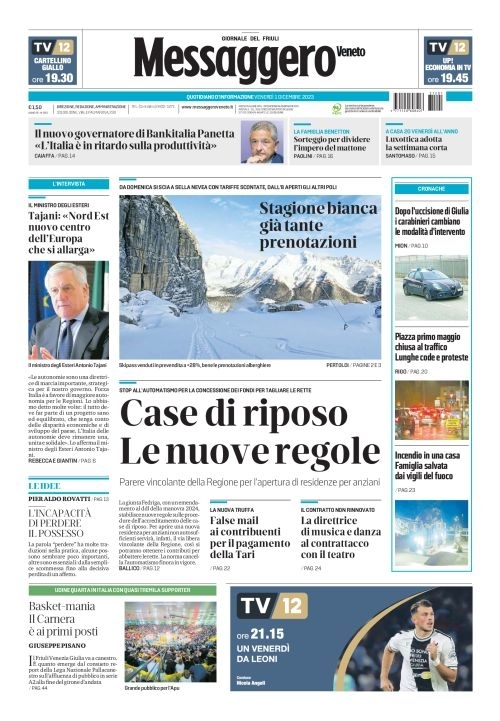 Prima Pagina Messaggero Veneto (Udine) 01/12/2023