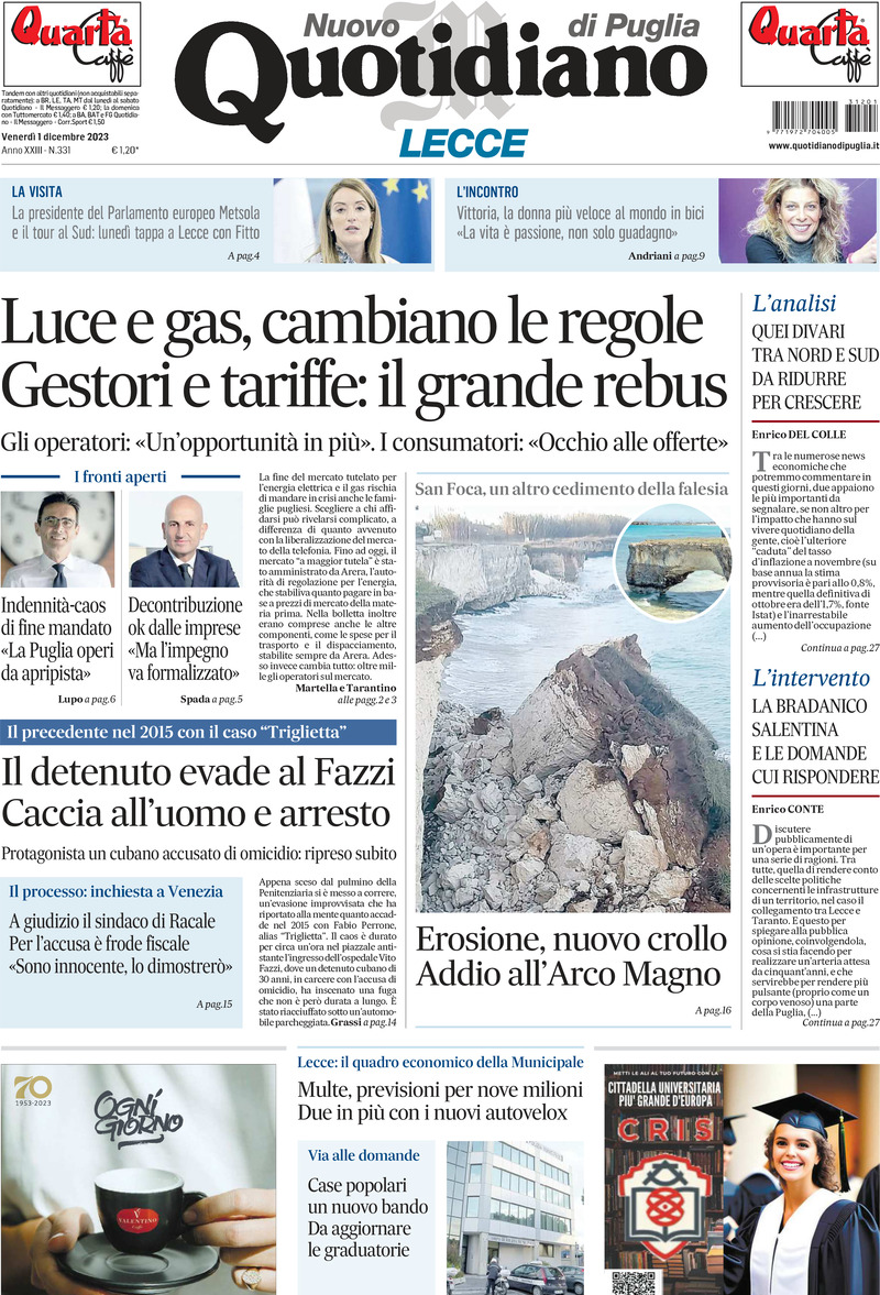 Prima Pagina Nuovo Quotidiano di Puglia (Lecce) 01/12/2023