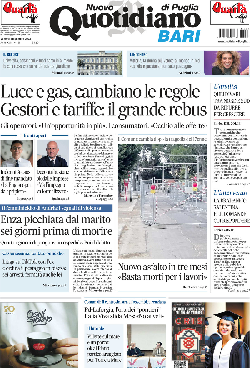 Prima Pagina Nuovo Quotidiano di Puglia (Bari) 01/12/2023