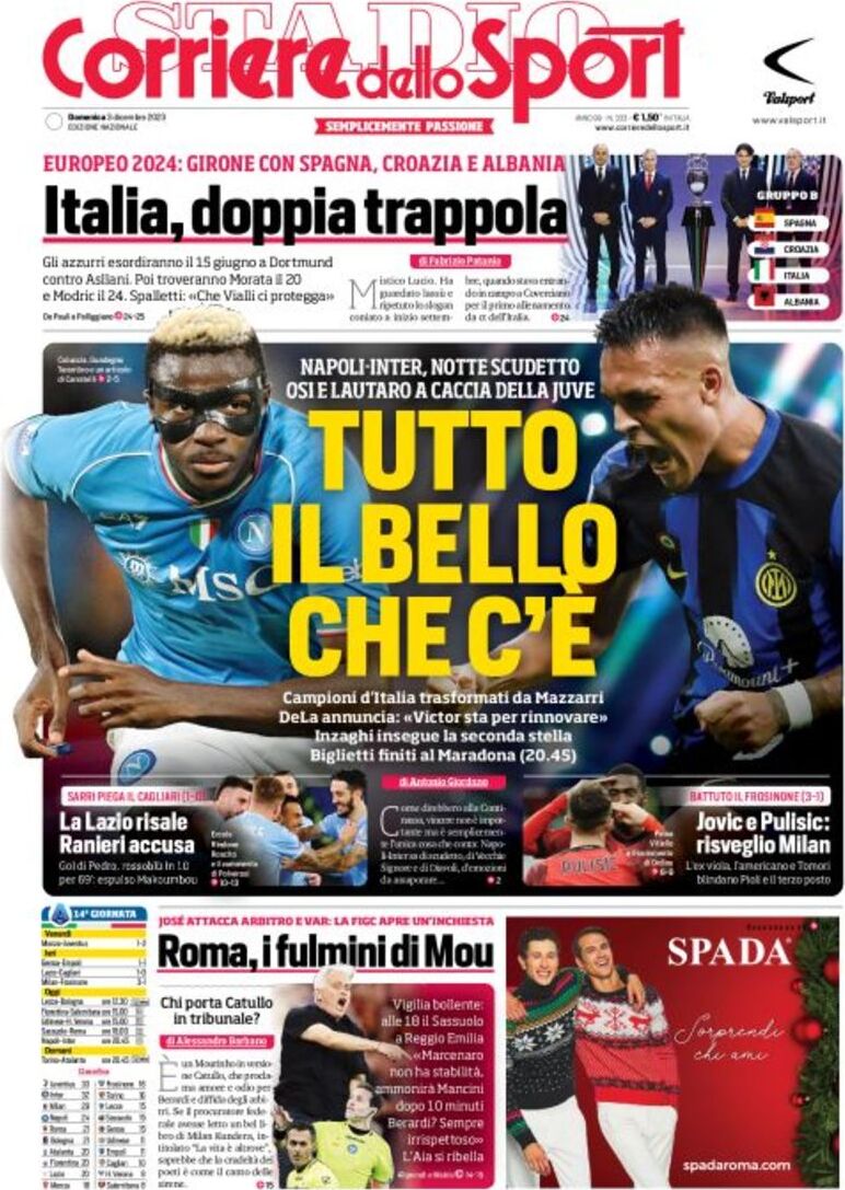 Prima Pagina Corriere dello Sport 03/12/2023