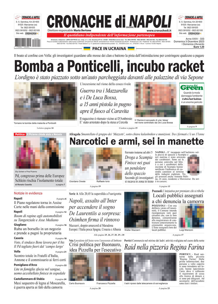 Cronache di Napoli – La prima pagina di oggi Domenica  3 Dicembre 2023