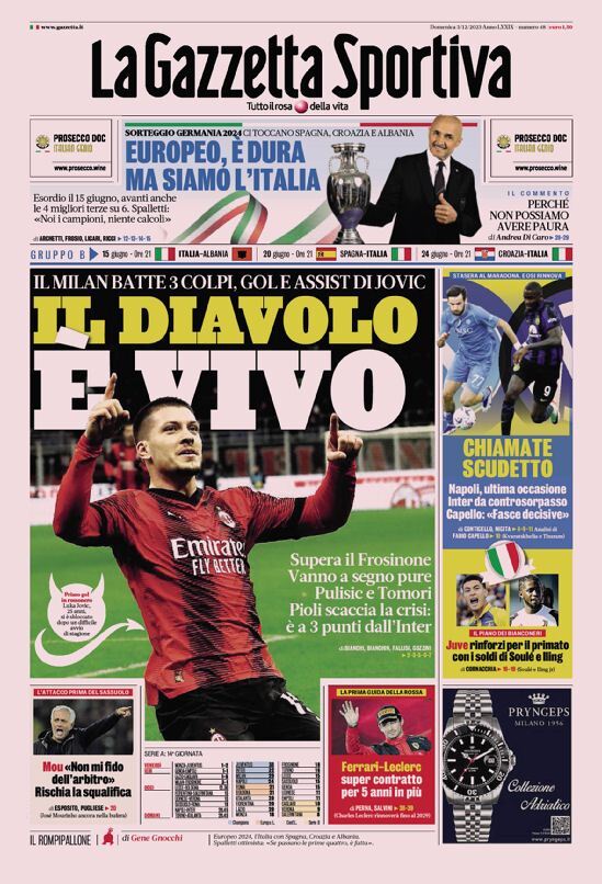 Prima Pagina La Gazzetta dello Sport 03/12/2023