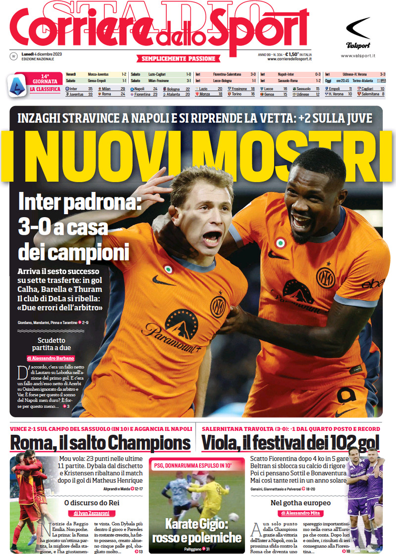 Prima Pagina Corriere dello Sport 04/12/2023
