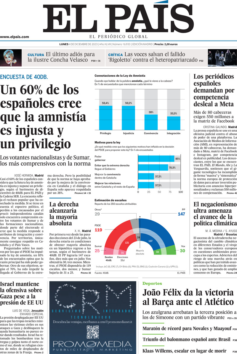 Prima Pagina El País 04/12/2023