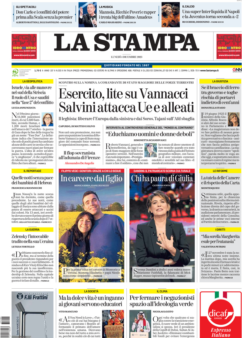 Prima Pagina La Stampa 04/12/2023