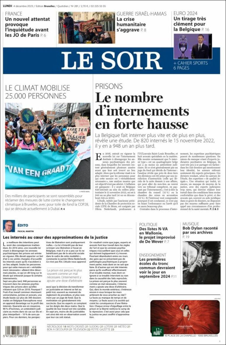 Prima Pagina Le Soir 04/12/2023