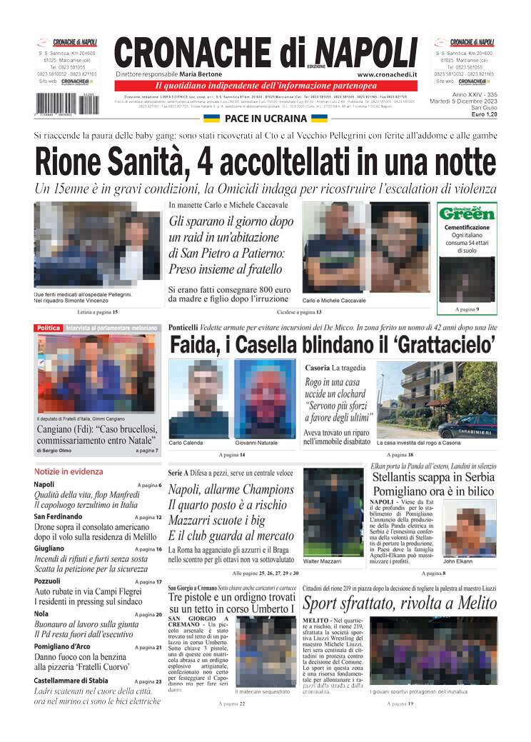 Cronache di Napoli – La prima pagina di oggi Martedì  5 Dicembre 2023