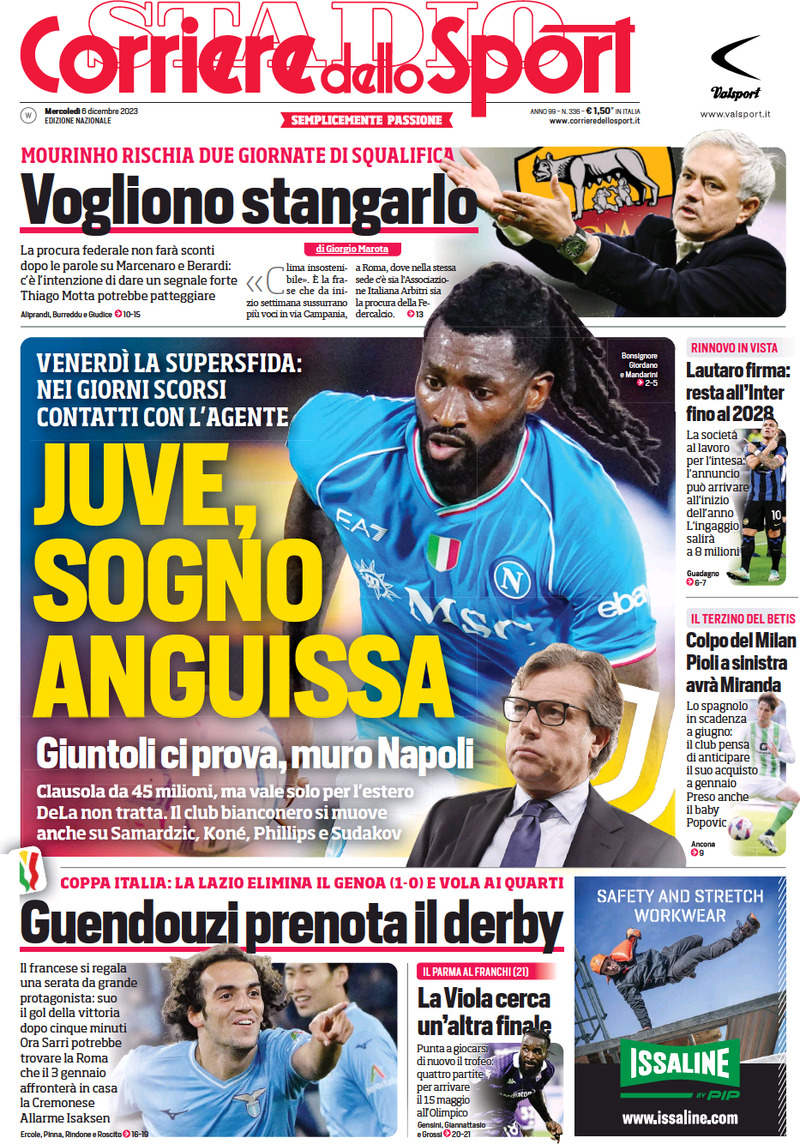Prima Pagina Corriere dello Sport 06/12/2023