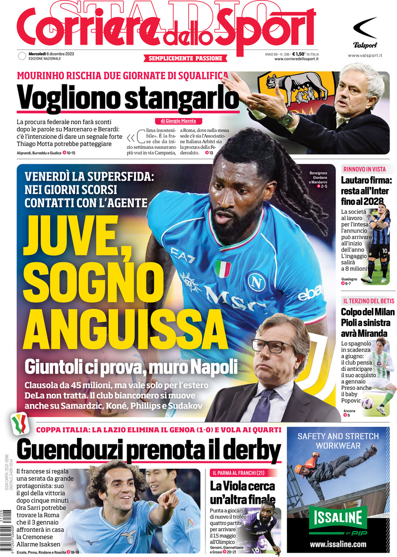 Prima Pagina Corriere dello Sport 06/12/2023