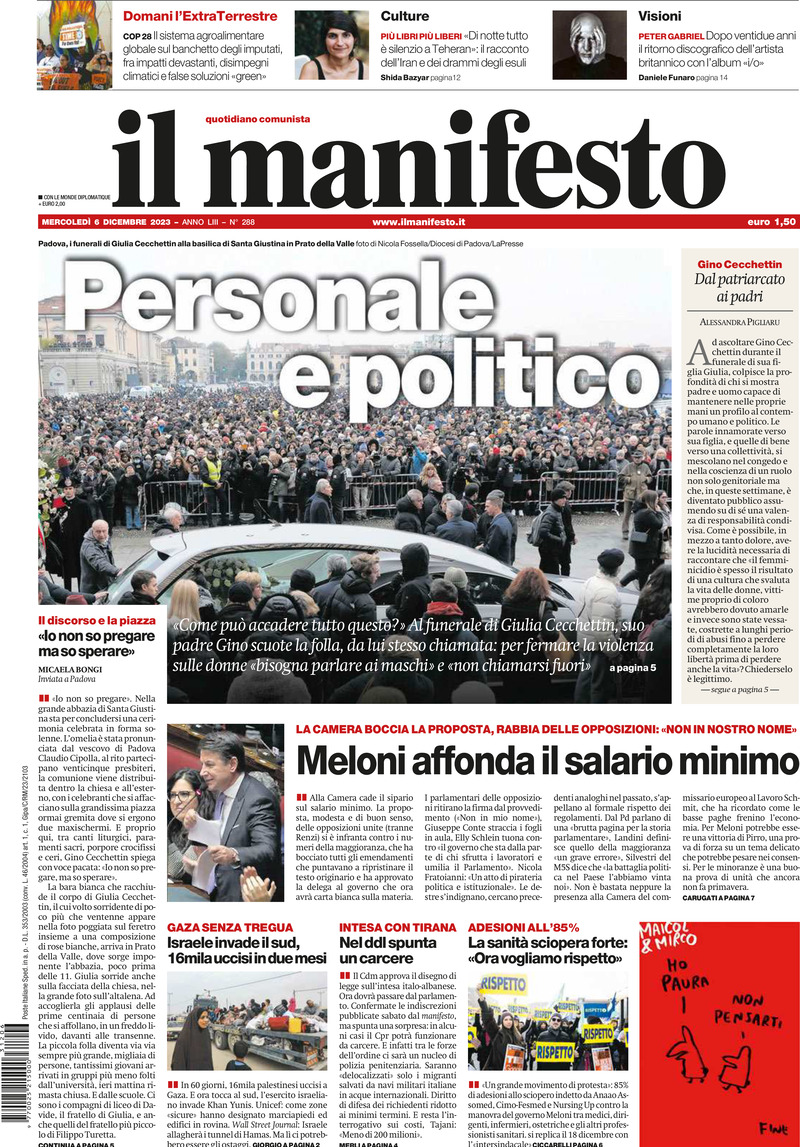 Prima Pagina Il Manifesto 06/12/2023