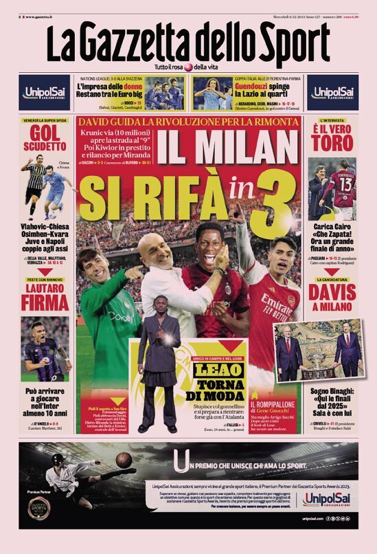 Prima Pagina La Gazzetta dello Sport 06/12/2023