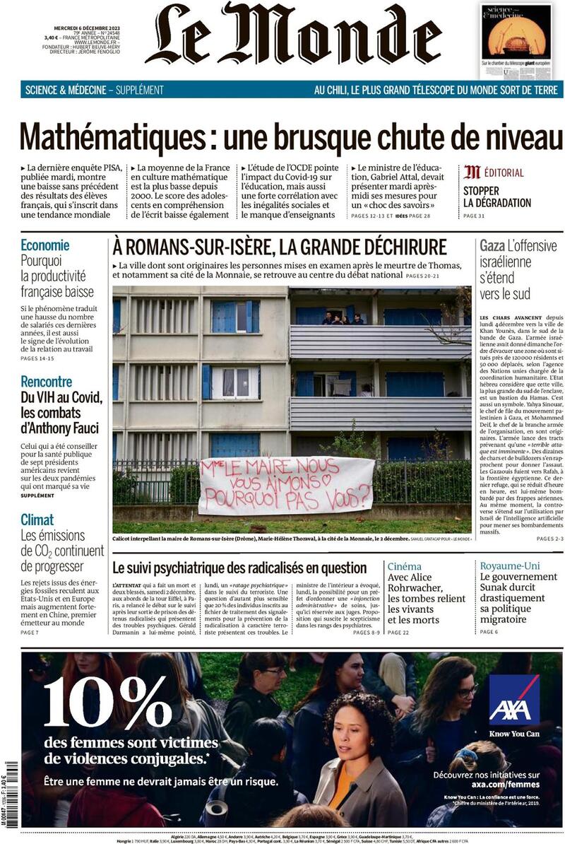 Prima Pagina Le Monde 06/12/2023