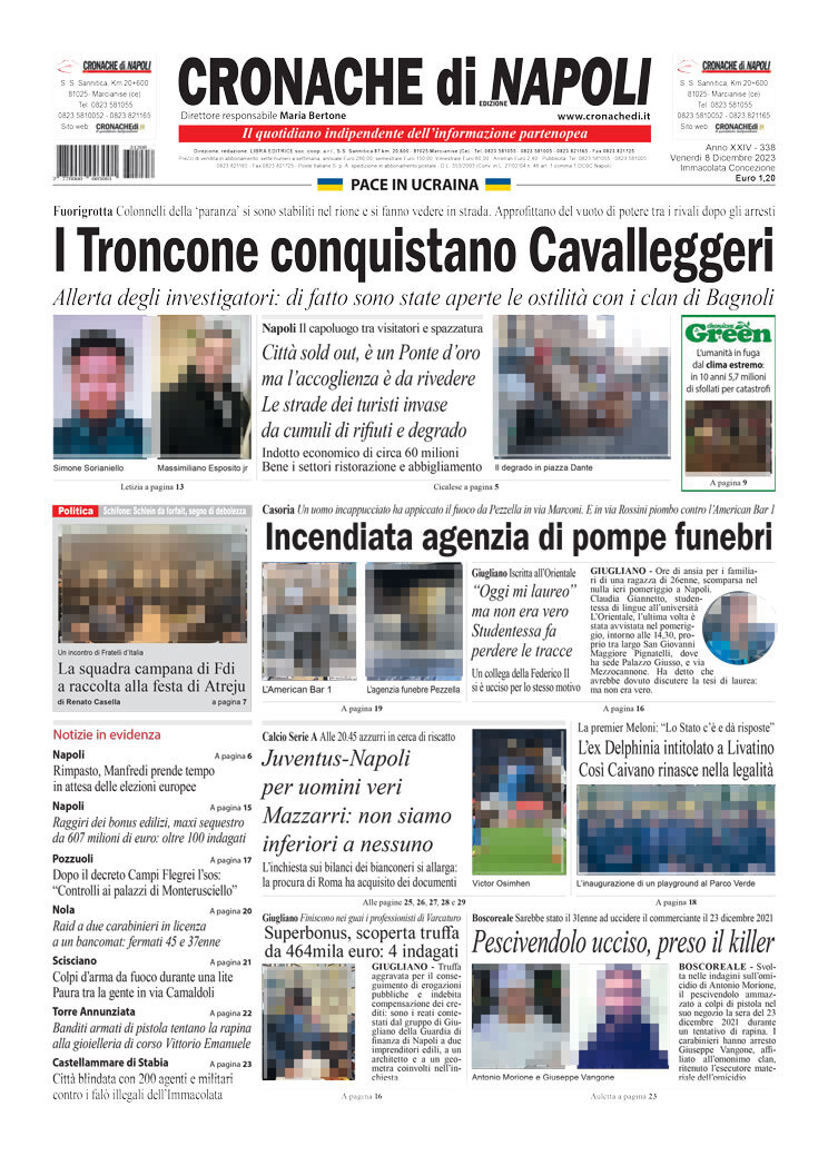 Cronache di Napoli – La prima pagina di oggi Venerdì  8 Dicembre 2023