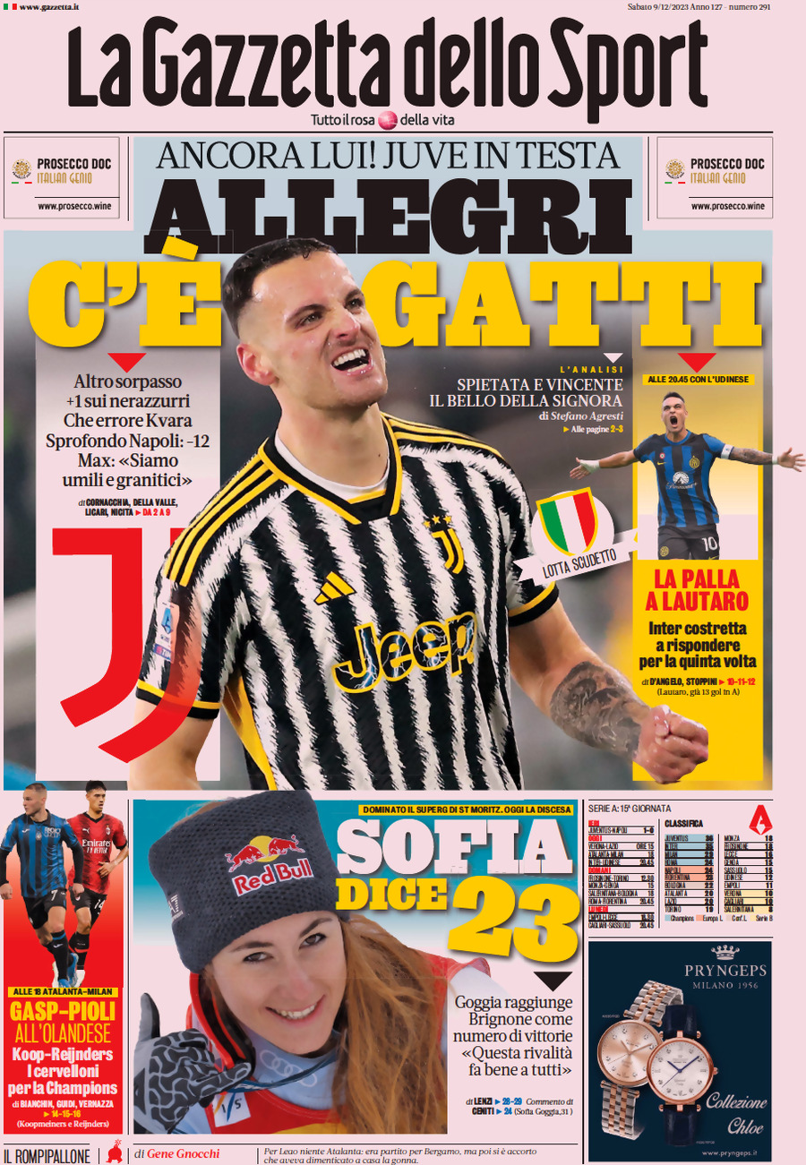 Prima Pagina La Gazzetta dello Sport 09/12/2023