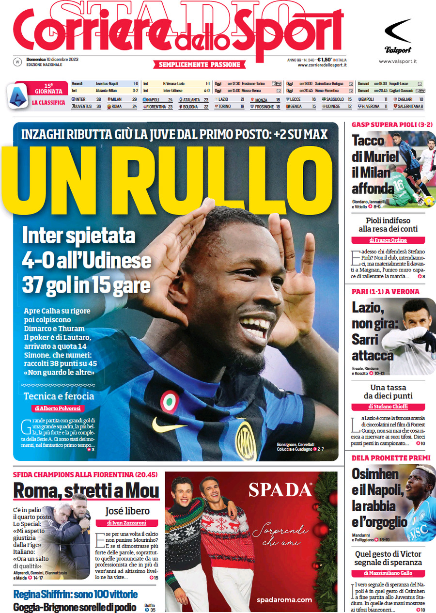 Prima Pagina Corriere dello Sport 10/12/2023