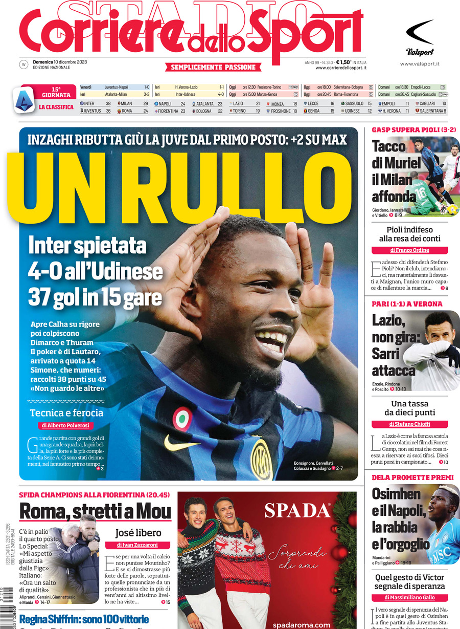 Prima Pagina Corriere dello Sport 10/12/2023