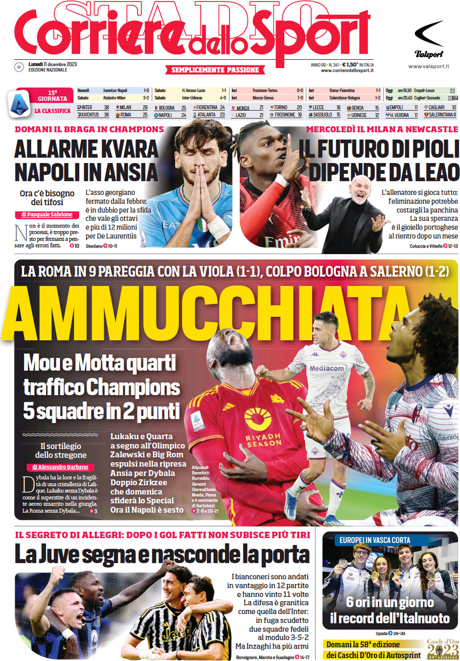 Prima Pagina Corriere dello Sport 11/12/2023