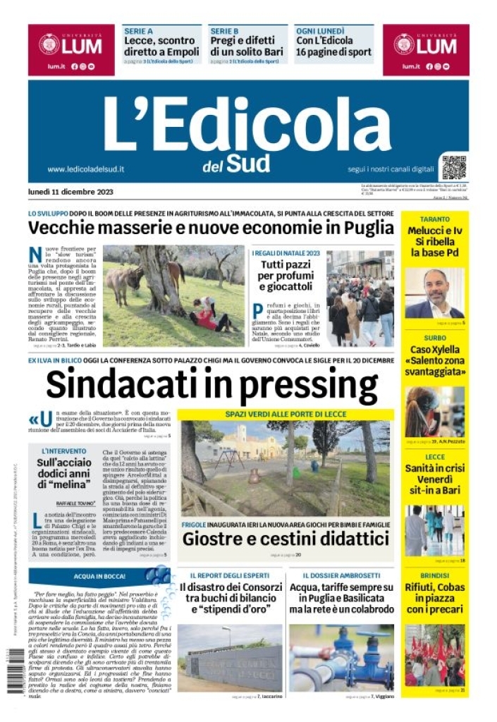 Prima Pagina L'Edicola del Sud (Taranto) 11/12/2023