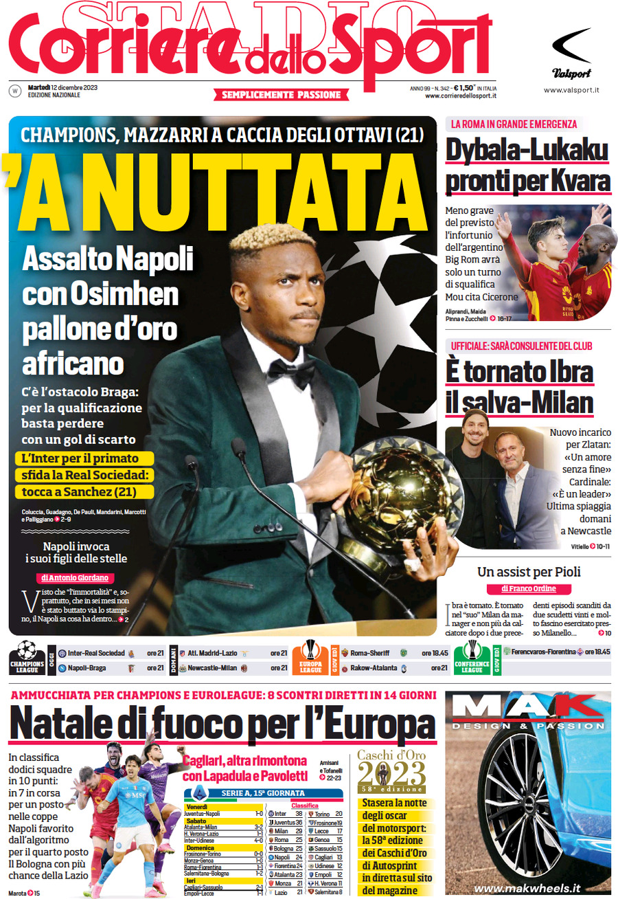 Prima Pagina Corriere dello Sport 12/12/2023