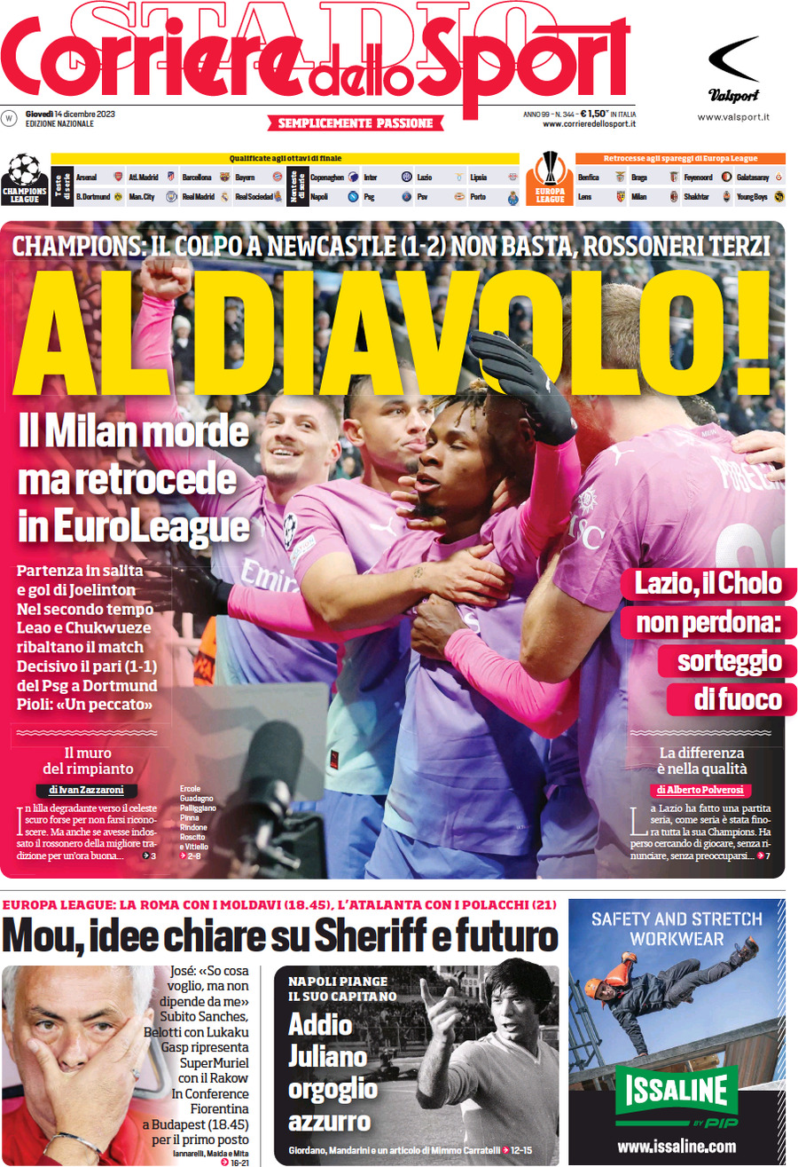 Prima Pagina Corriere dello Sport 14/12/2023