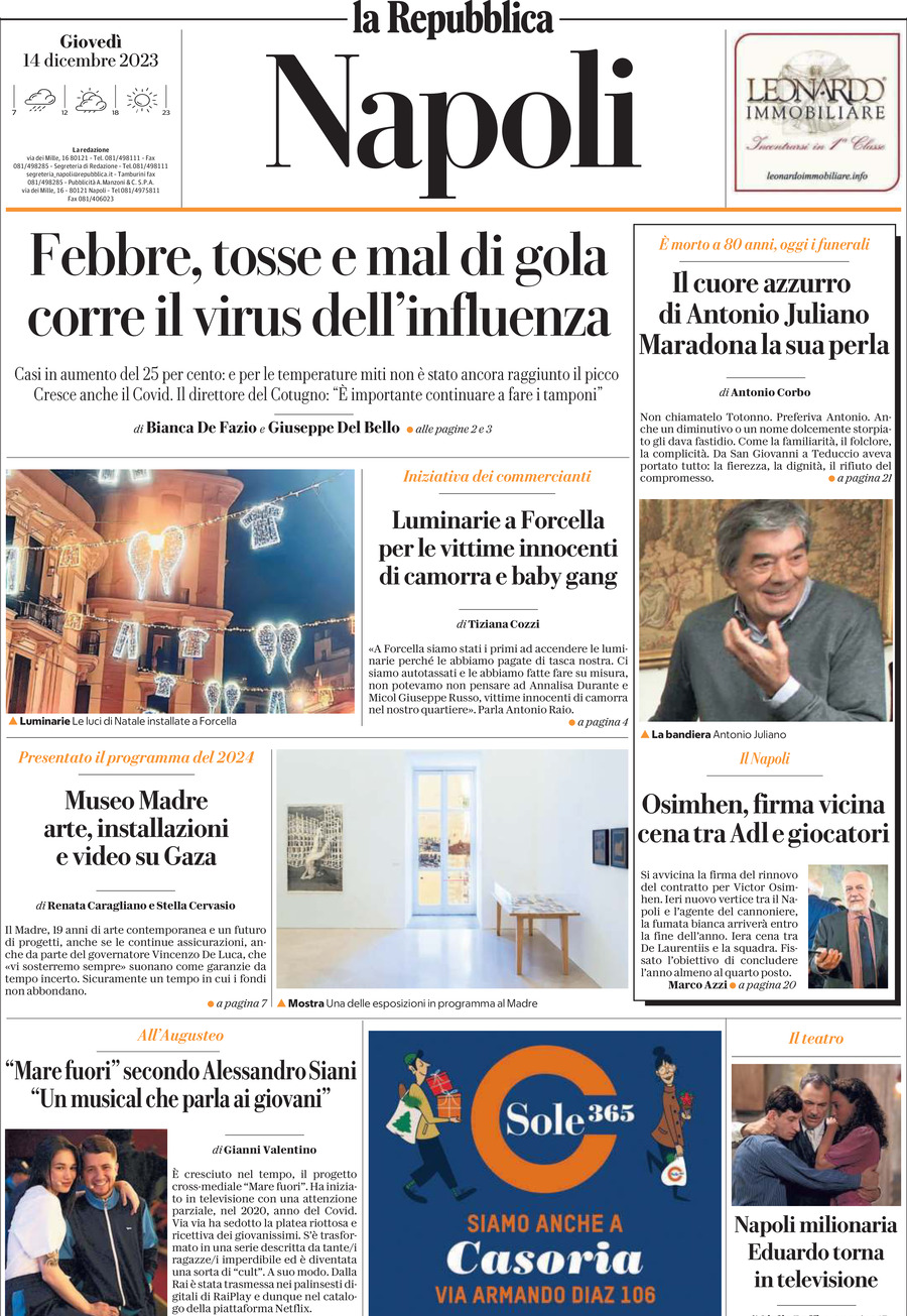 La Repubblica Napoli prima pagina di oggi Giovedì 14 Dicembre 2023