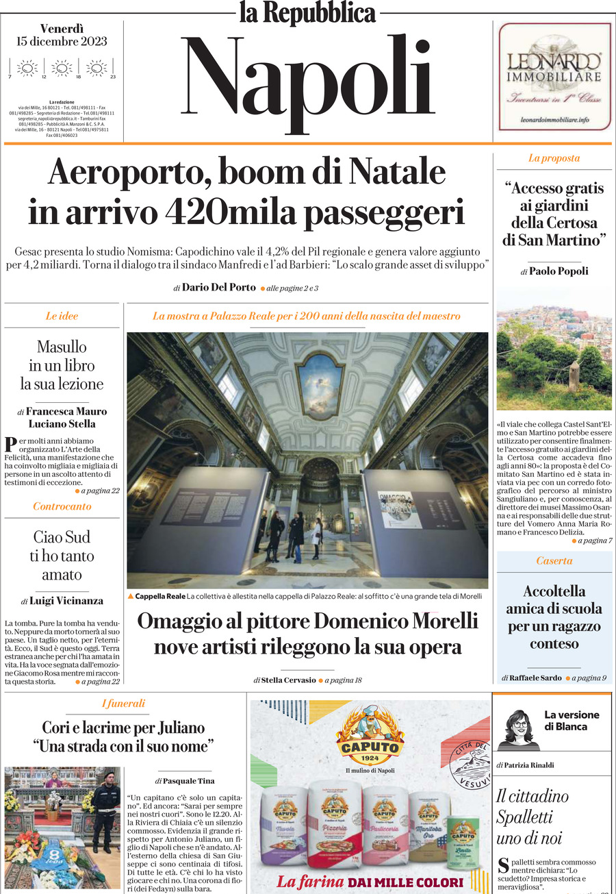 Repubblica Napoli prima pagina di oggi Venerdì 15 Dicembre 2023