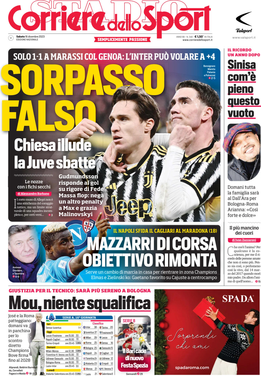 Prima Pagina Corriere dello Sport 16/12/2023