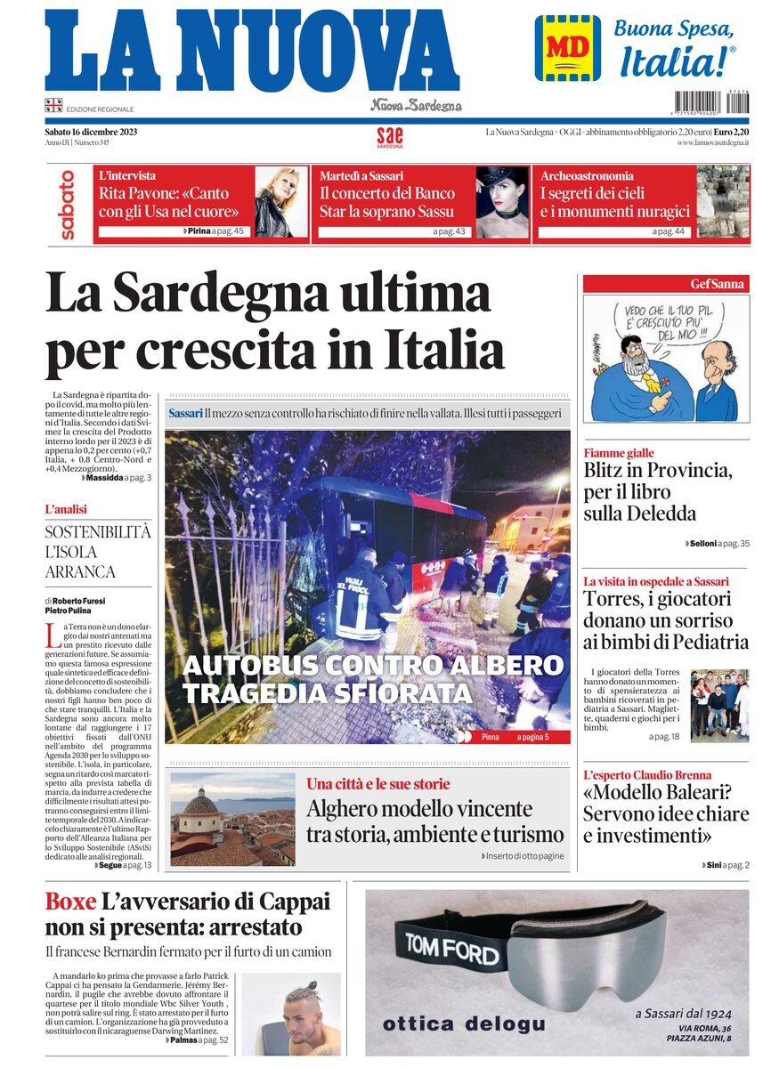 Prima Pagina La Nuova Sardegna 16/12/2023