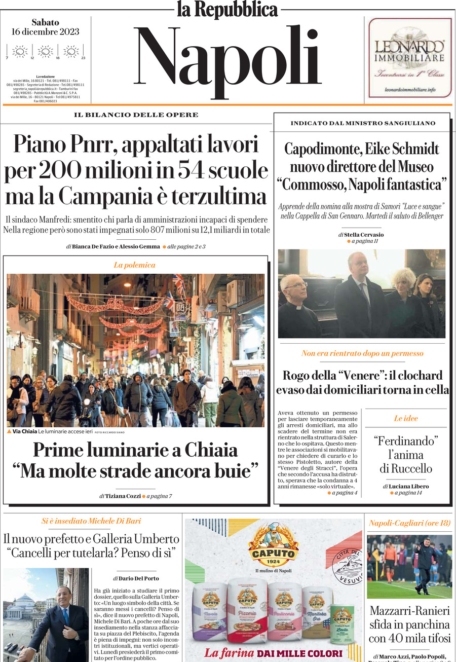 Repubblica Napoli prima pagina di oggi Sabato 16 Dicembre 2023