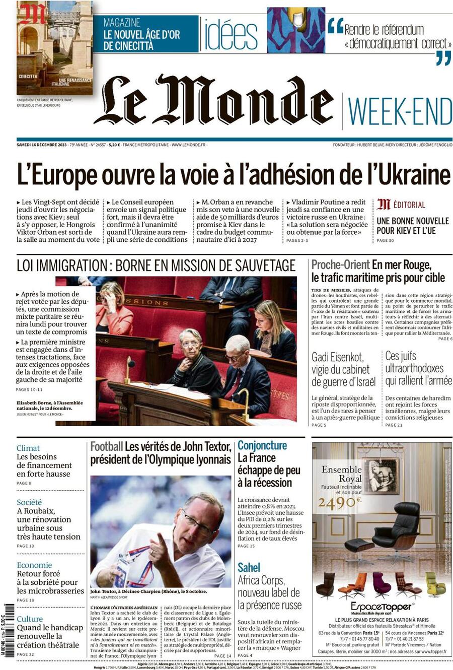 Prima Pagina Le Monde 16/12/2023
