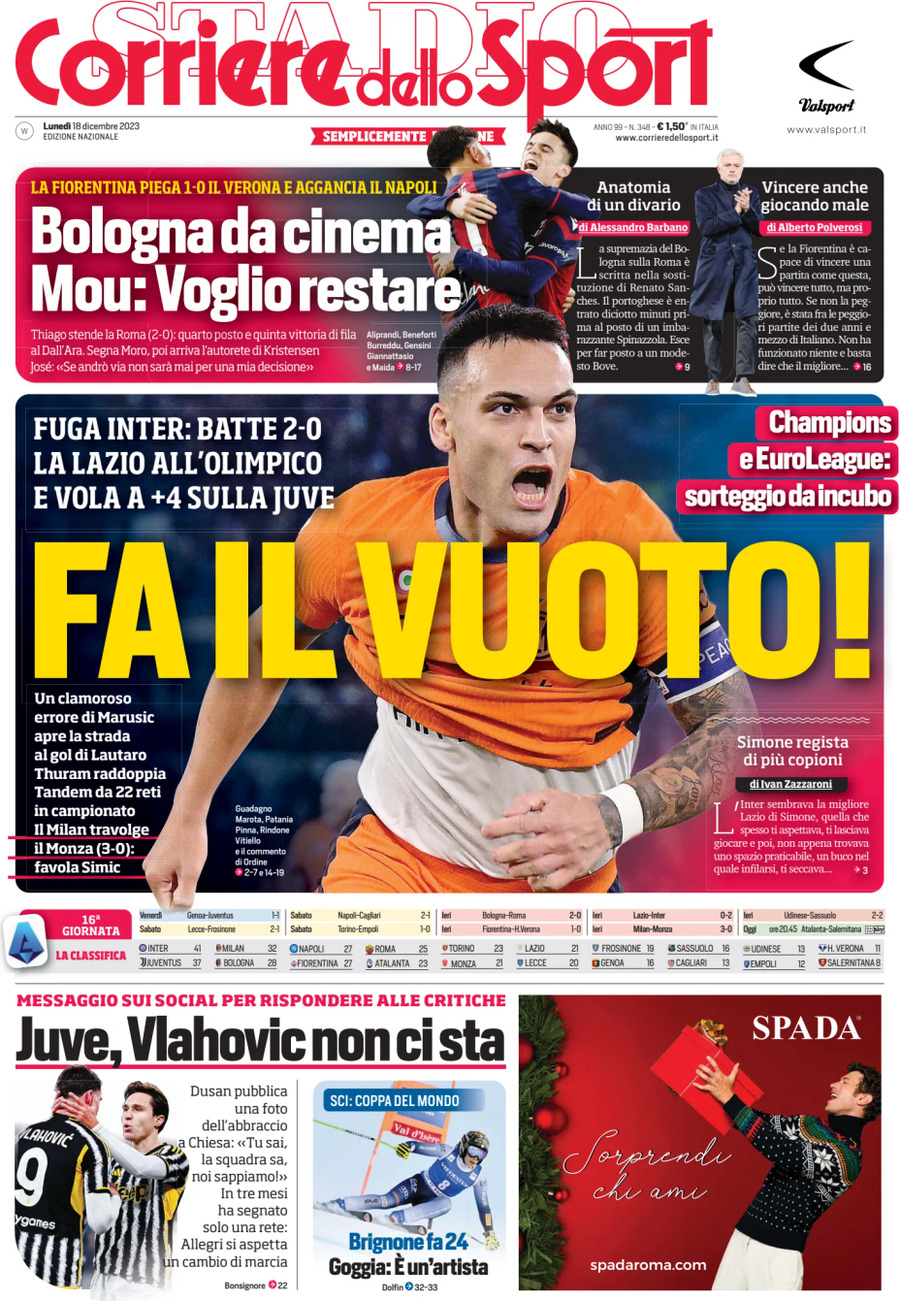 Prima Pagina Corriere dello Sport 18/12/2023