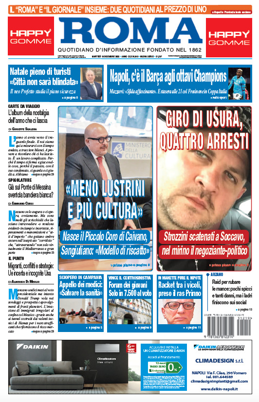 Il Roma prima pagina di oggi Martedì 19 Dicembre 2023