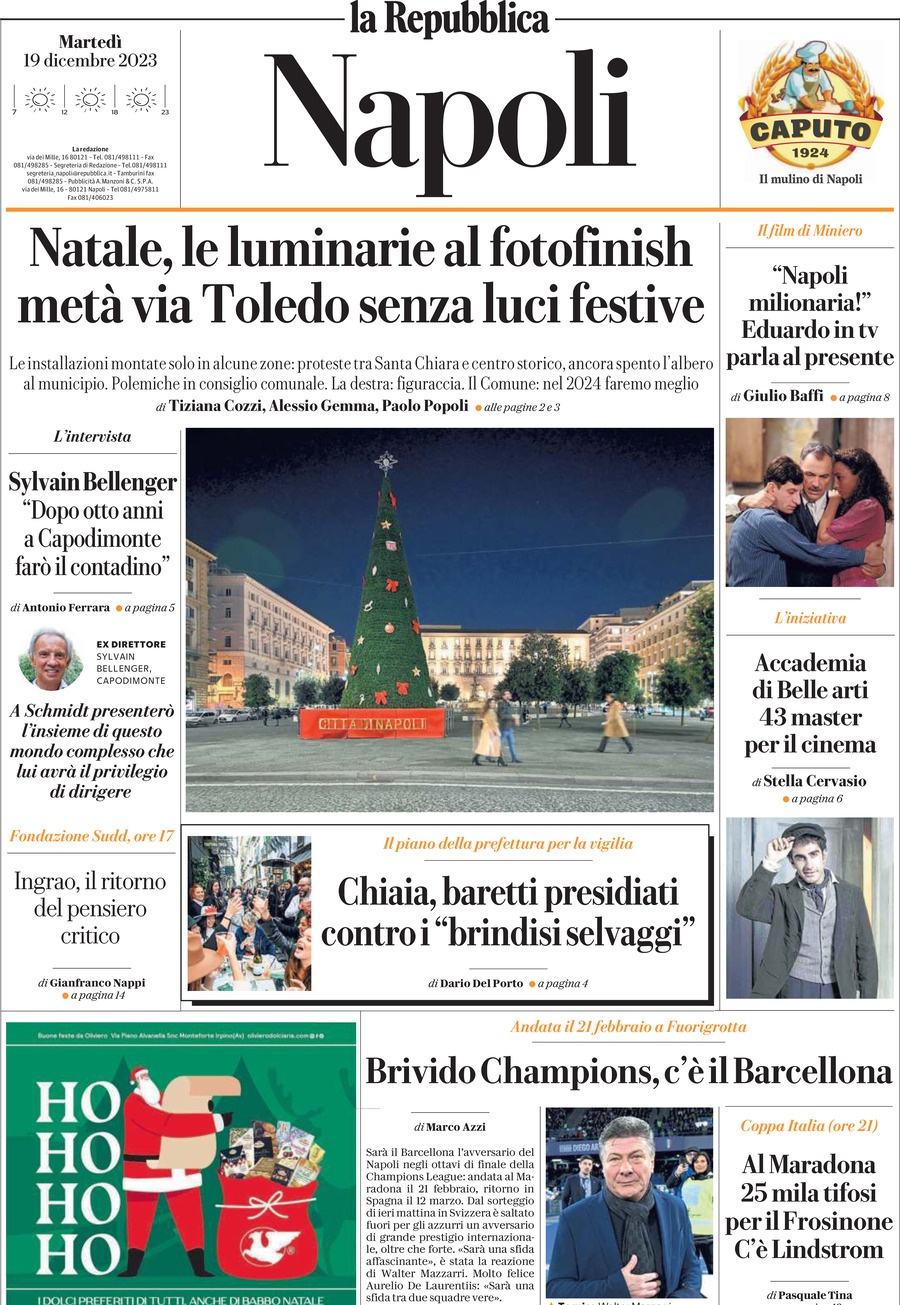 Repubblica Napoli prima pagina di oggi Martedì 19 Dicembre 2023