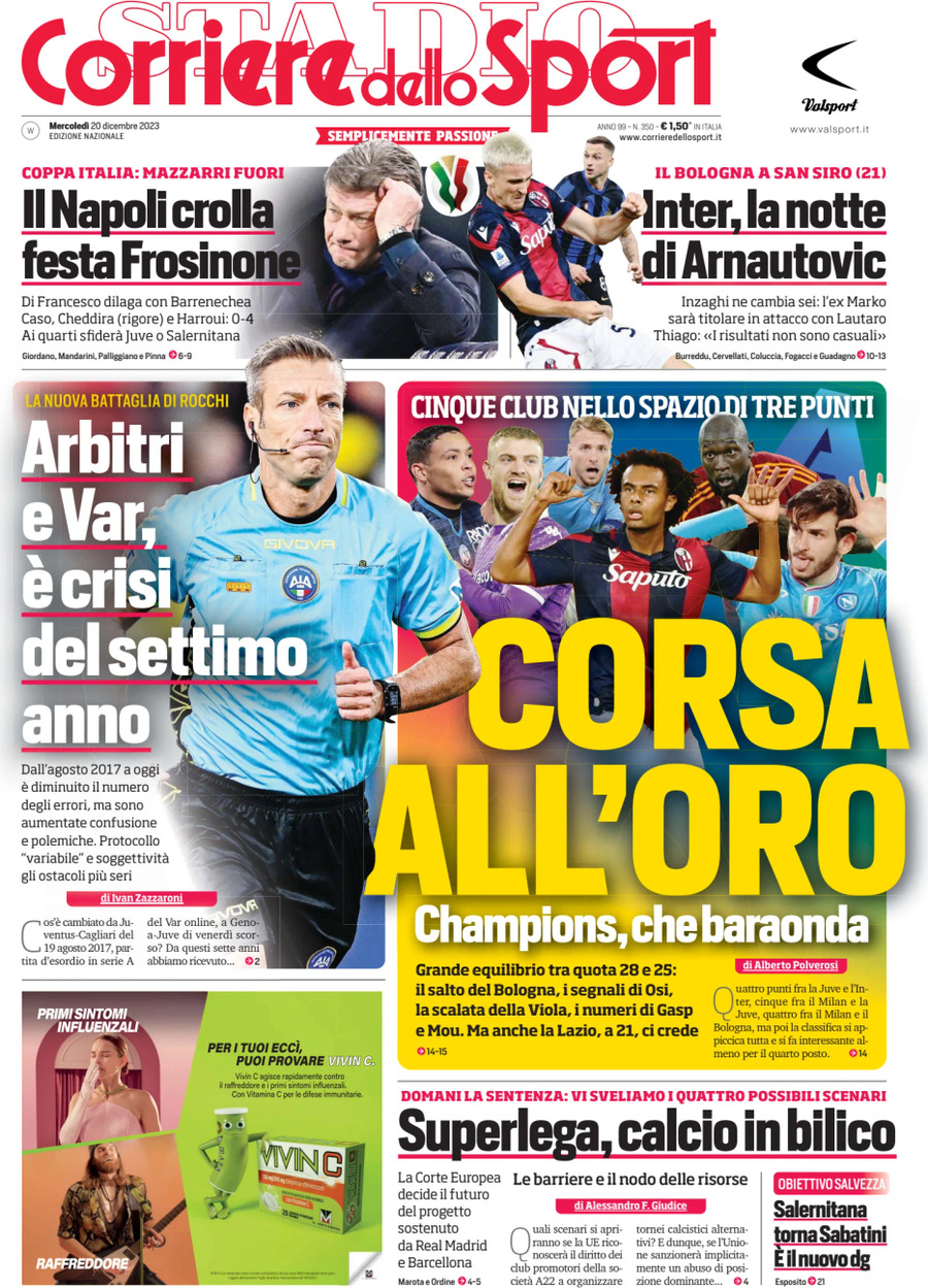 Prima Pagina Corriere dello Sport 20/12/2023