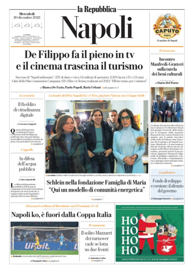 Repubblica Napoli prima pagina di oggi Mercoledì 20 Dicembre 2023