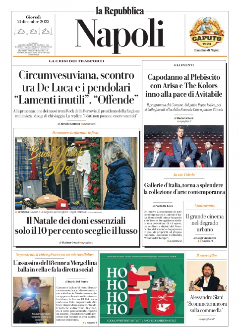 Repubblica Napoli prima pagina di oggi Giovedì 21 Dicembre 2023