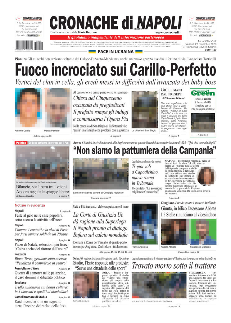 Cronache di Napoli prima pagina di oggi Venerdì 22 Dicembre 2023