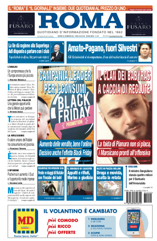 Il Roma prima pagina di oggi Venerdì 22 Dicembre 2023