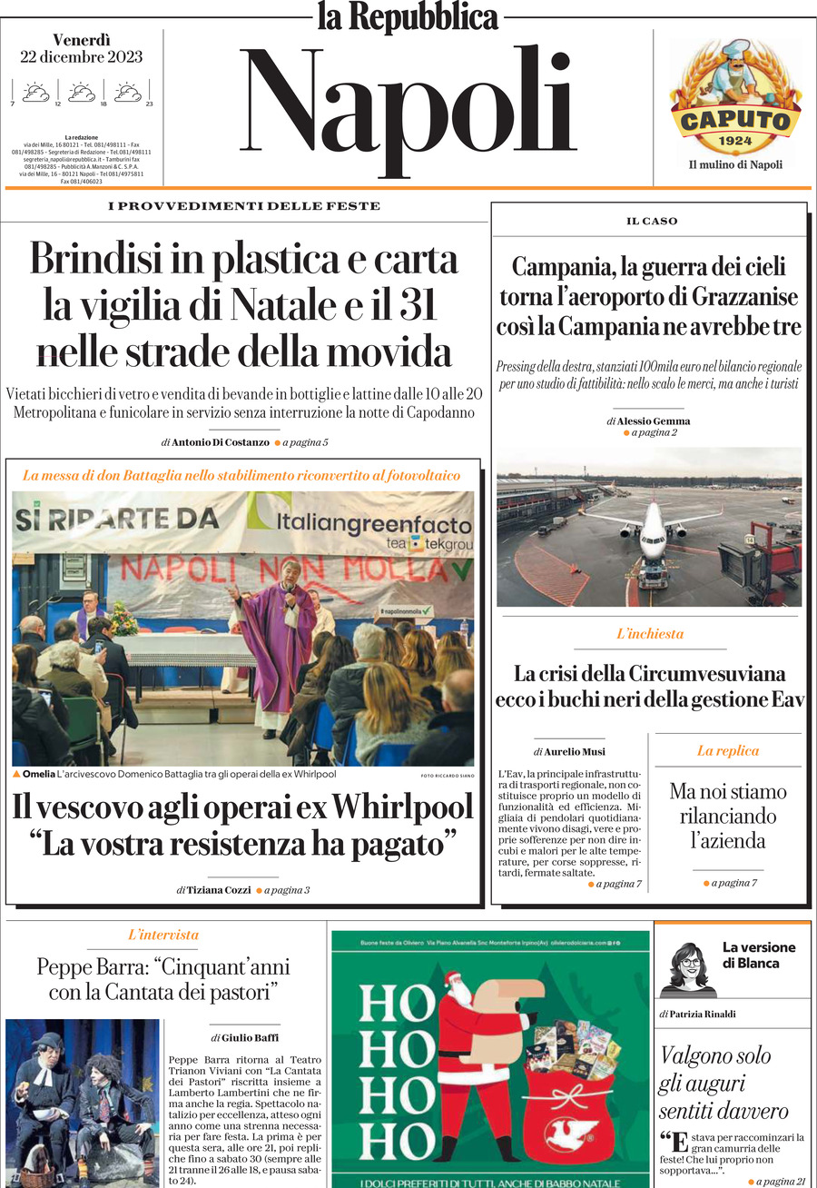 Repubblica Napoli prima pagina di oggi Venerdì 22 Dicembre 2023