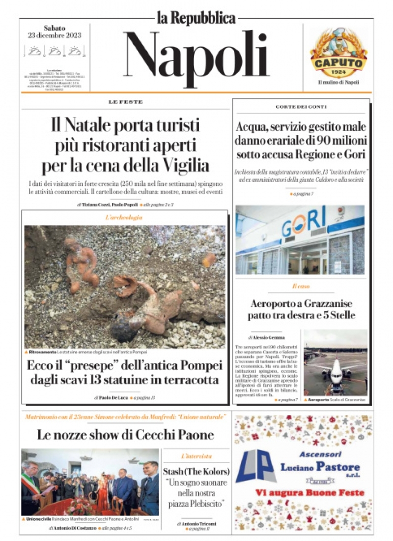 Repubblica Napoli prima pagina di oggi Sabato 23 Dicembre 2023