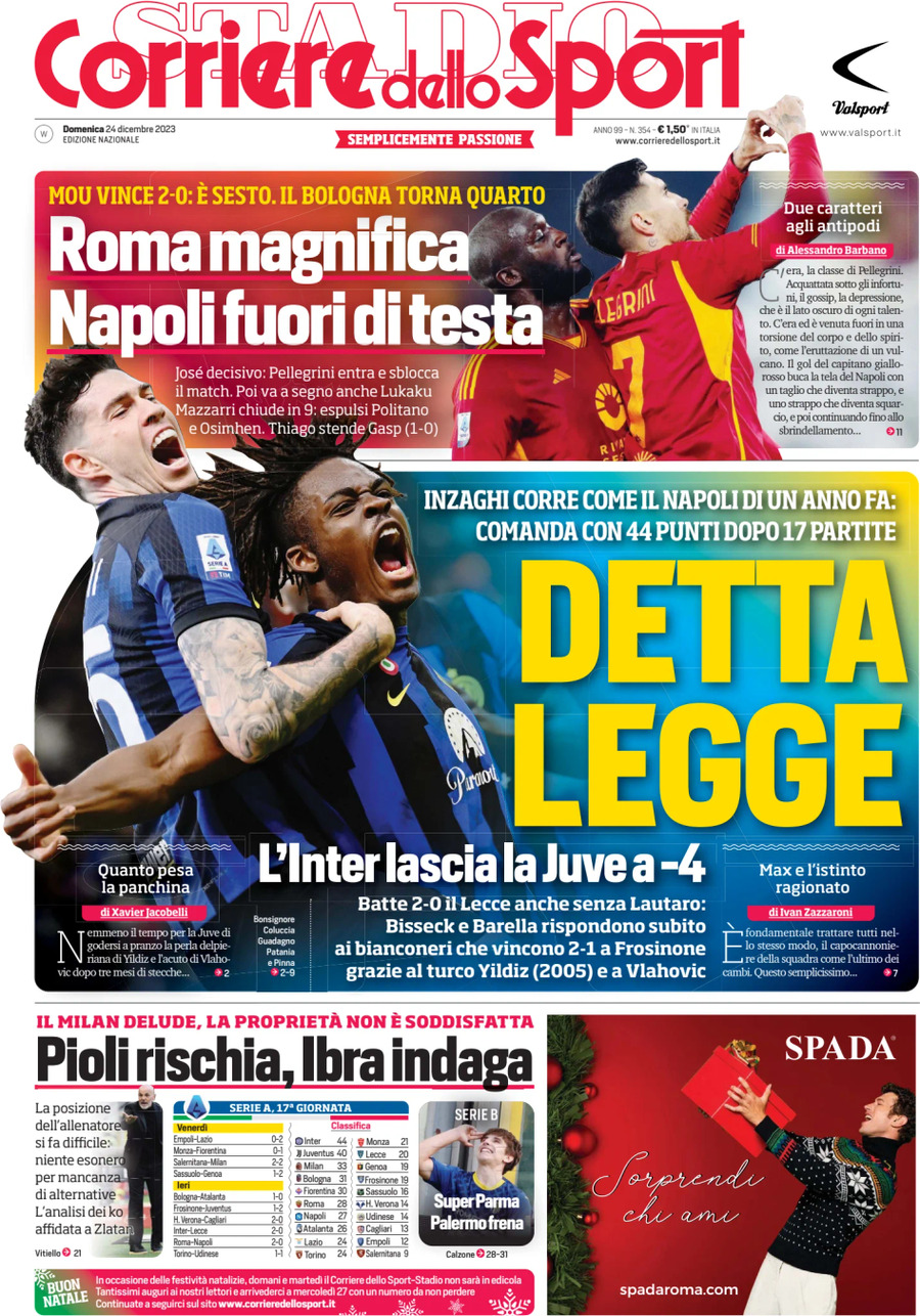 Prima Pagina Corriere dello Sport 24/12/2023