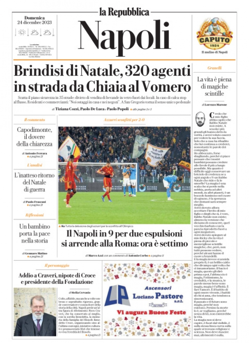 Repubblica Napoli prima pagina di oggi Domenica 24 Dicembre 2023