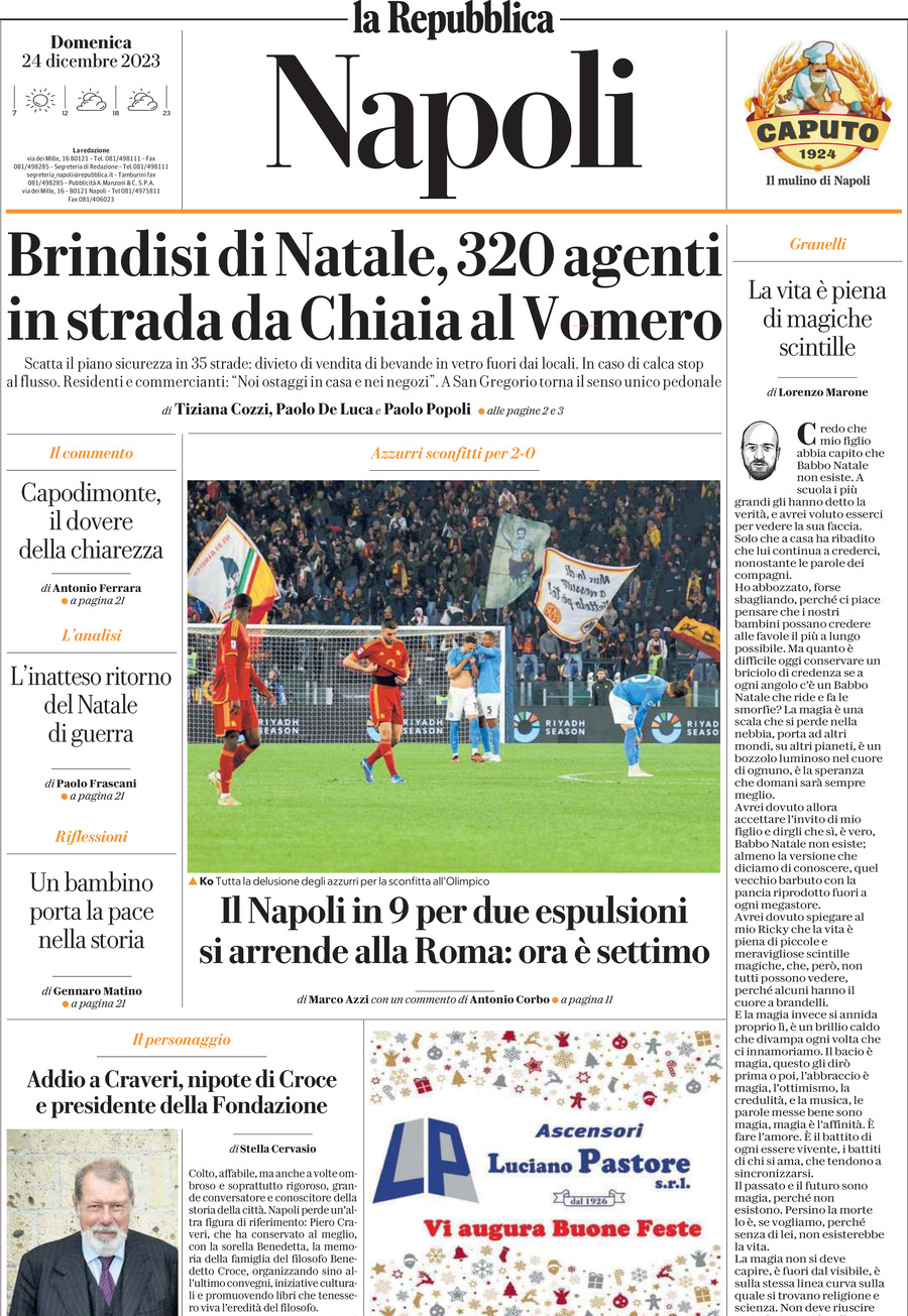 Repubblica Napoli prima pagina di oggi Domenica 24 Dicembre 2023