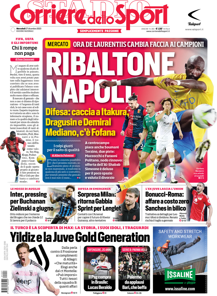 Prima Pagina Corriere dello Sport 27/12/2023