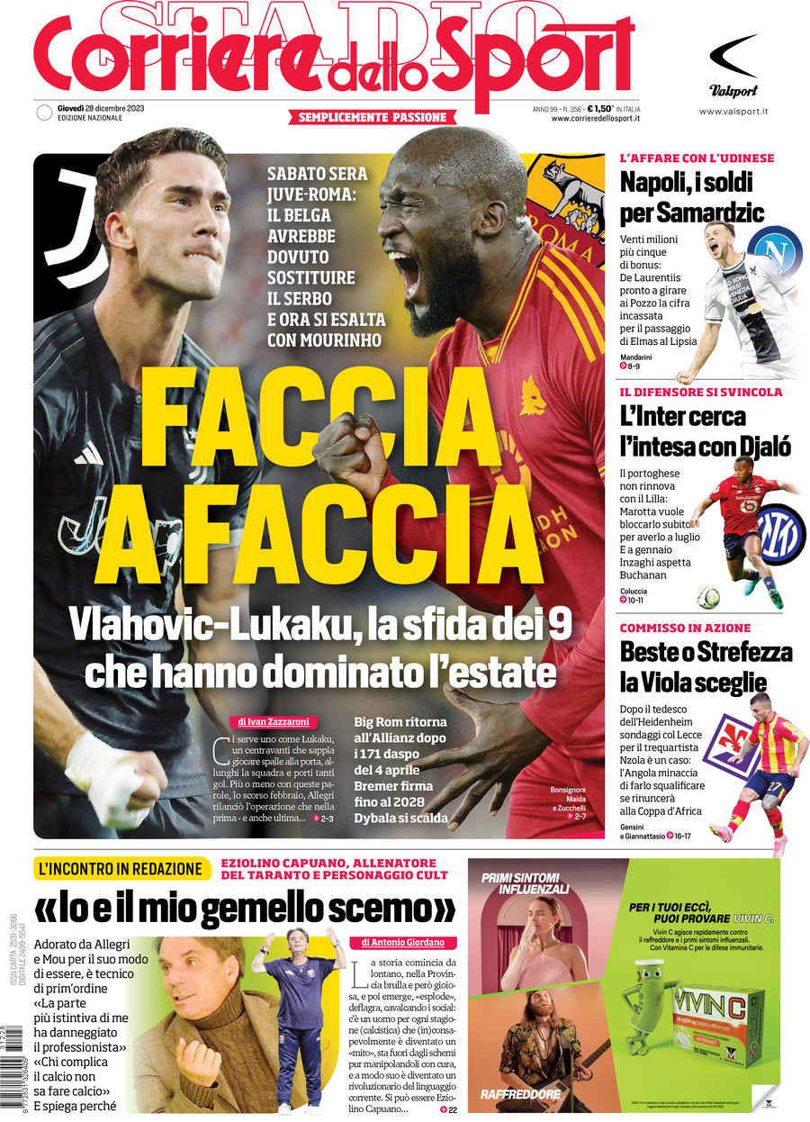 Prima Pagina Corriere dello Sport 28/12/2023